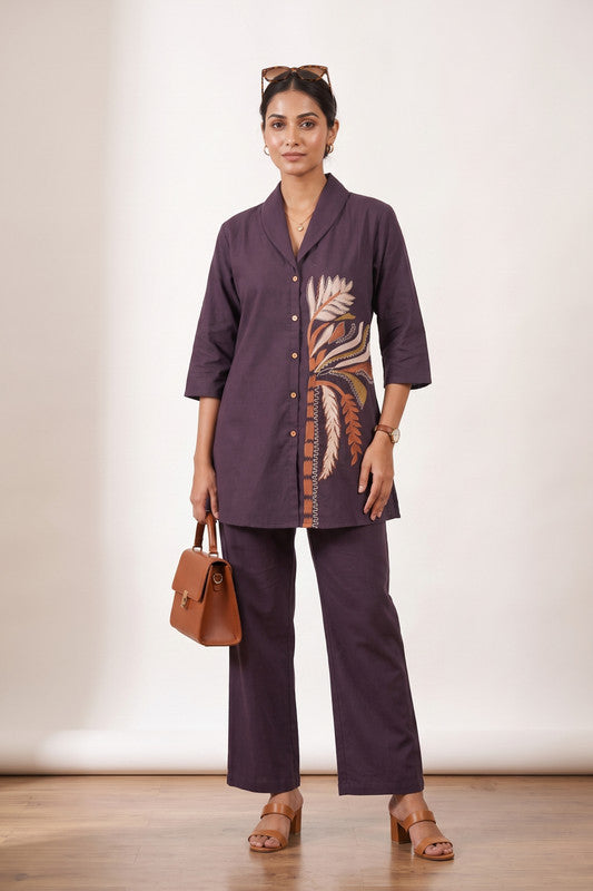 Deep plum botanical embroidered co-ord set