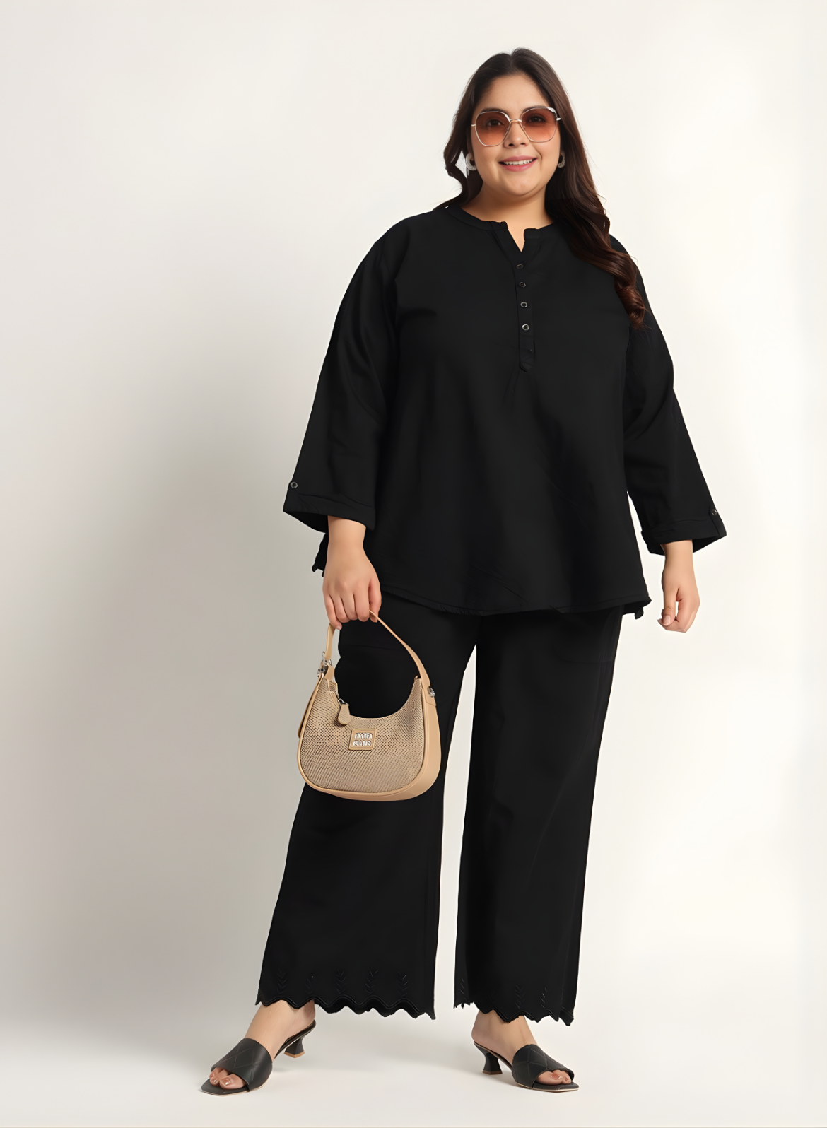 Black Denim Mandarin-Collar Tunic & Wide-Leg Pant Set