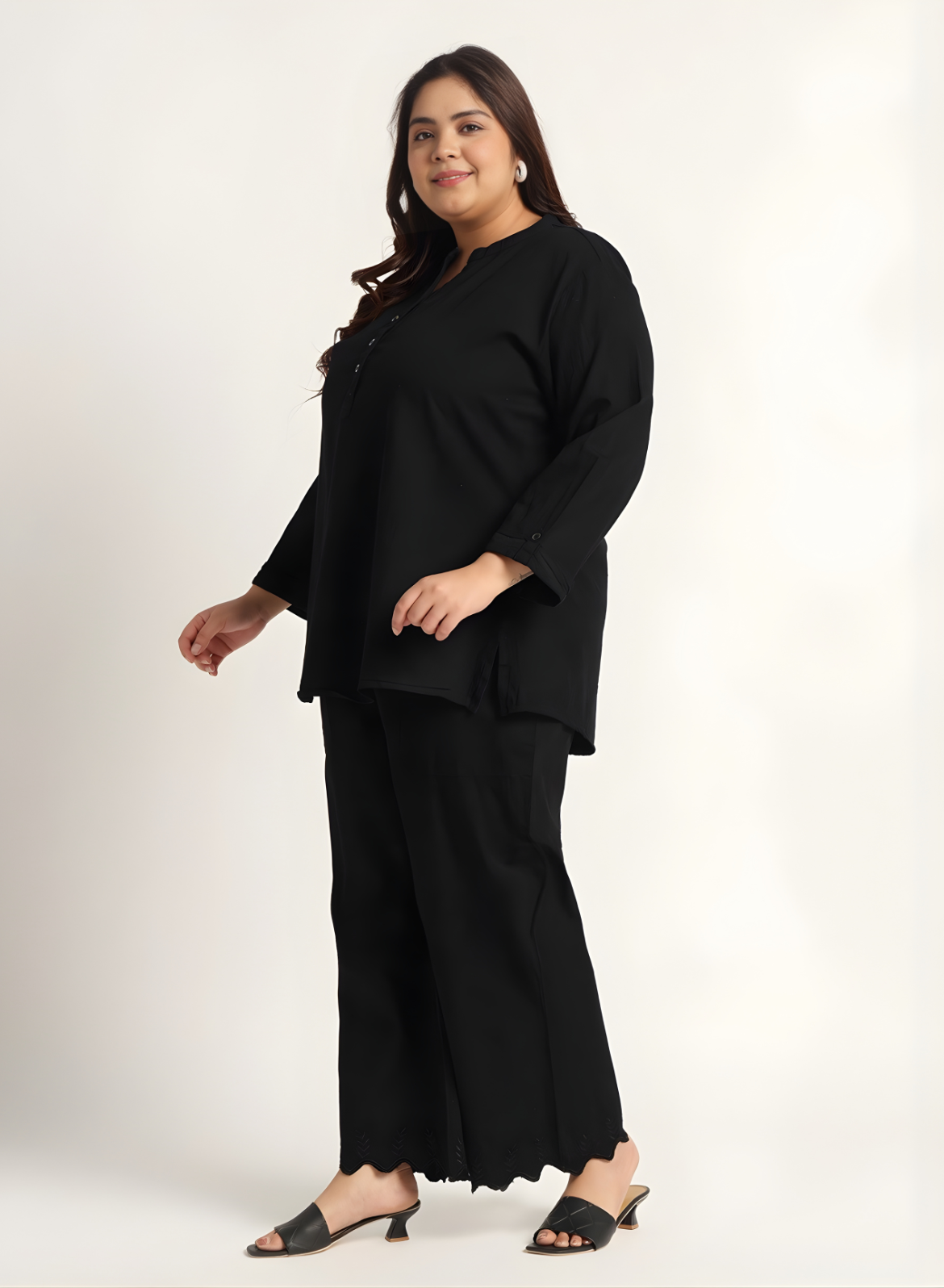 Black Denim Mandarin-Collar Tunic & Wide-Leg Pant Set