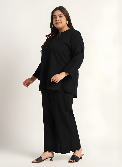 Black Denim Mandarin-Collar Tunic & Wide-Leg Pant Set