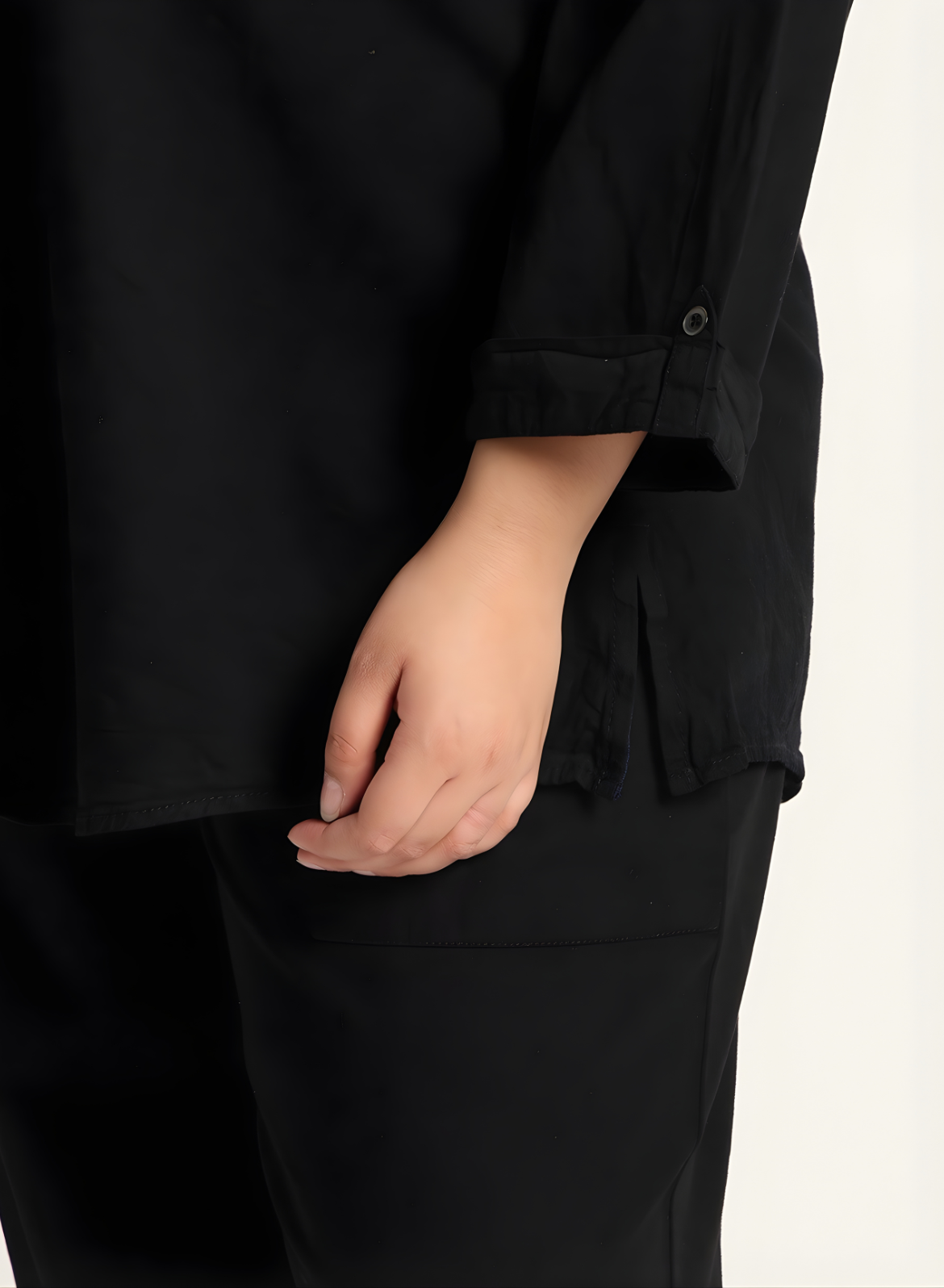 Black Denim Mandarin-Collar Tunic & Wide-Leg Pant Set