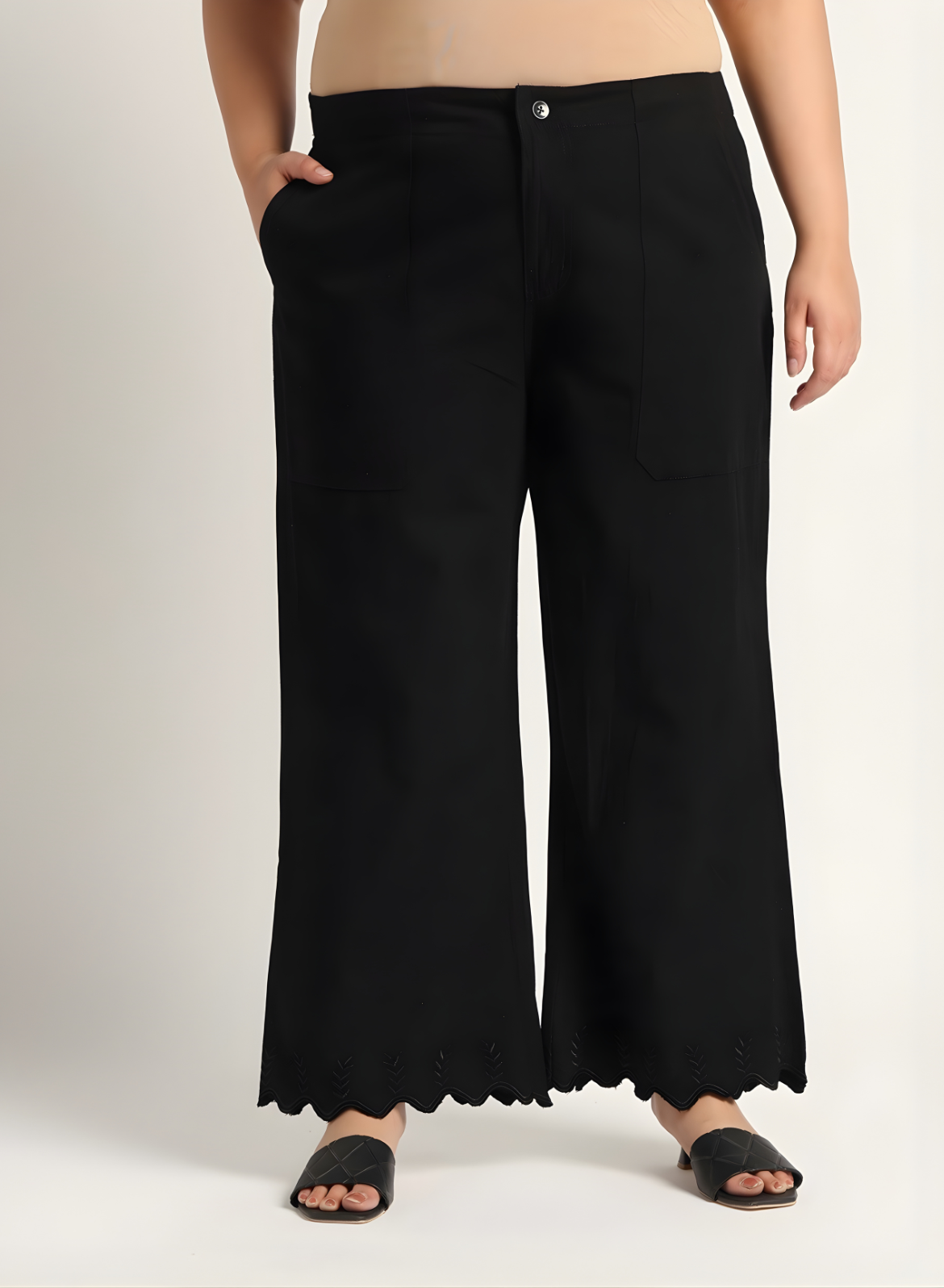 Black Denim Mandarin-Collar Tunic & Wide-Leg Pant Set