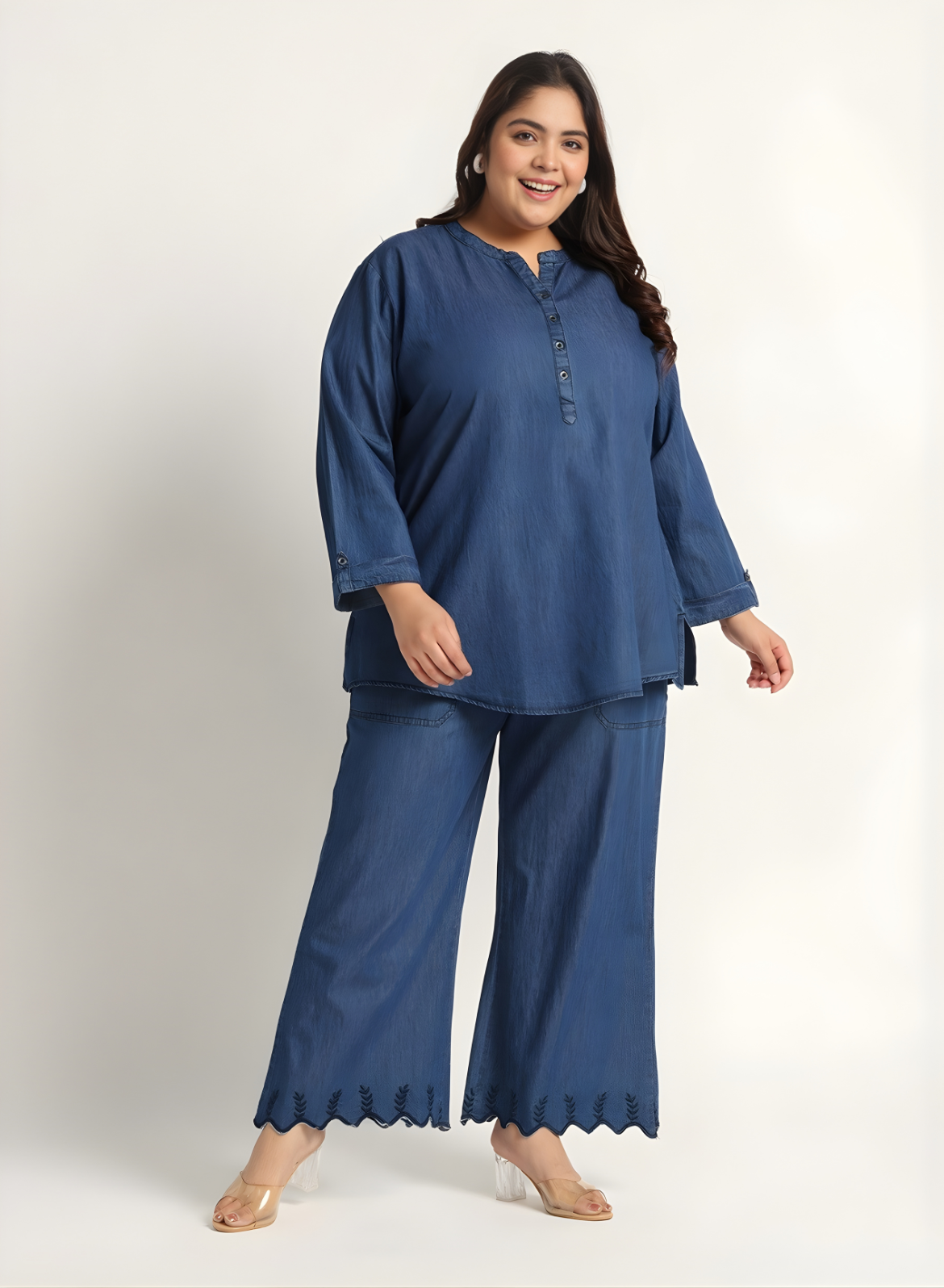 Navy Denim Mandarin-Collar Tunic & Wide-Leg Pant Set