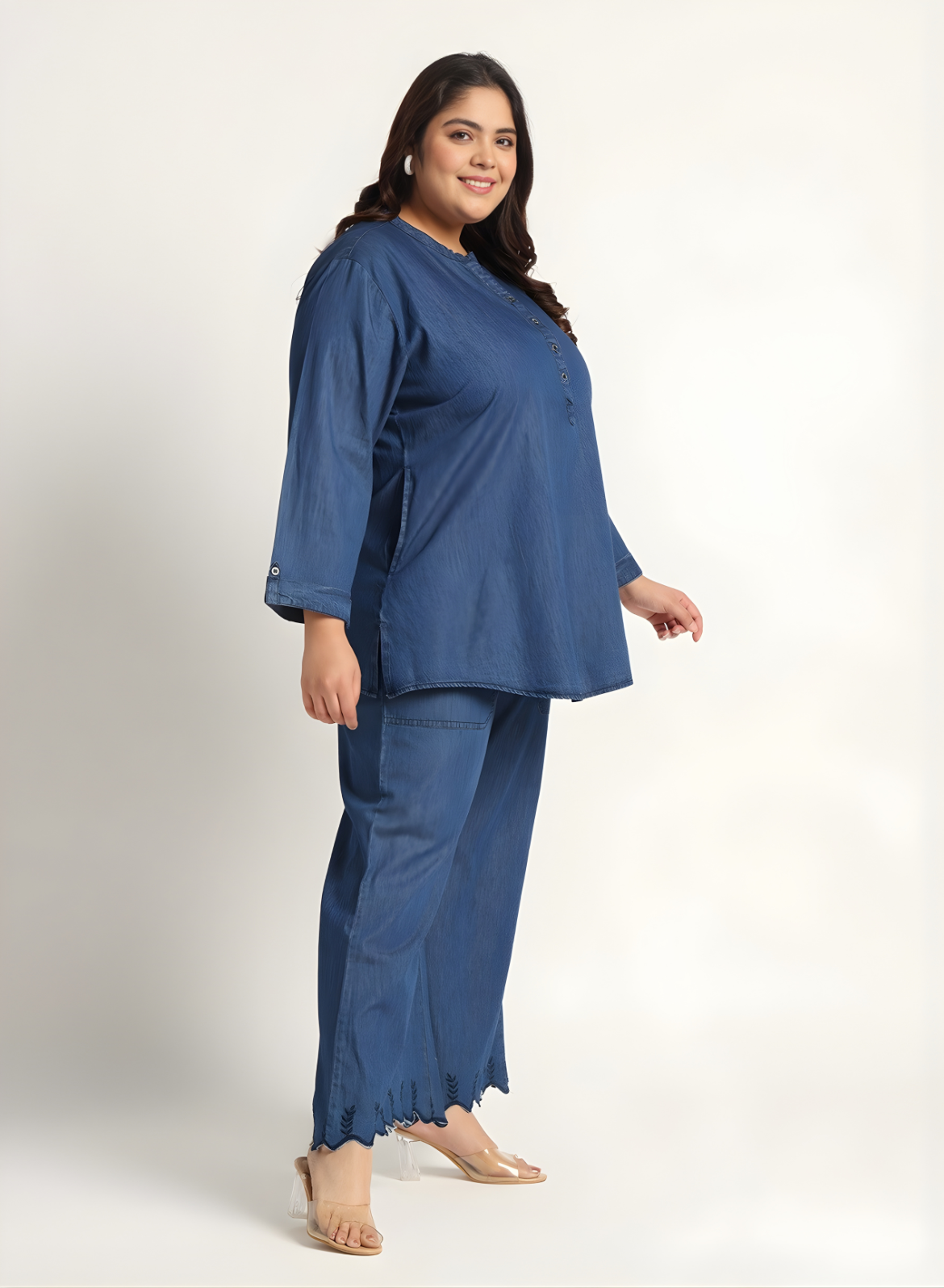 Navy Denim Mandarin-Collar Tunic & Wide-Leg Pant Set