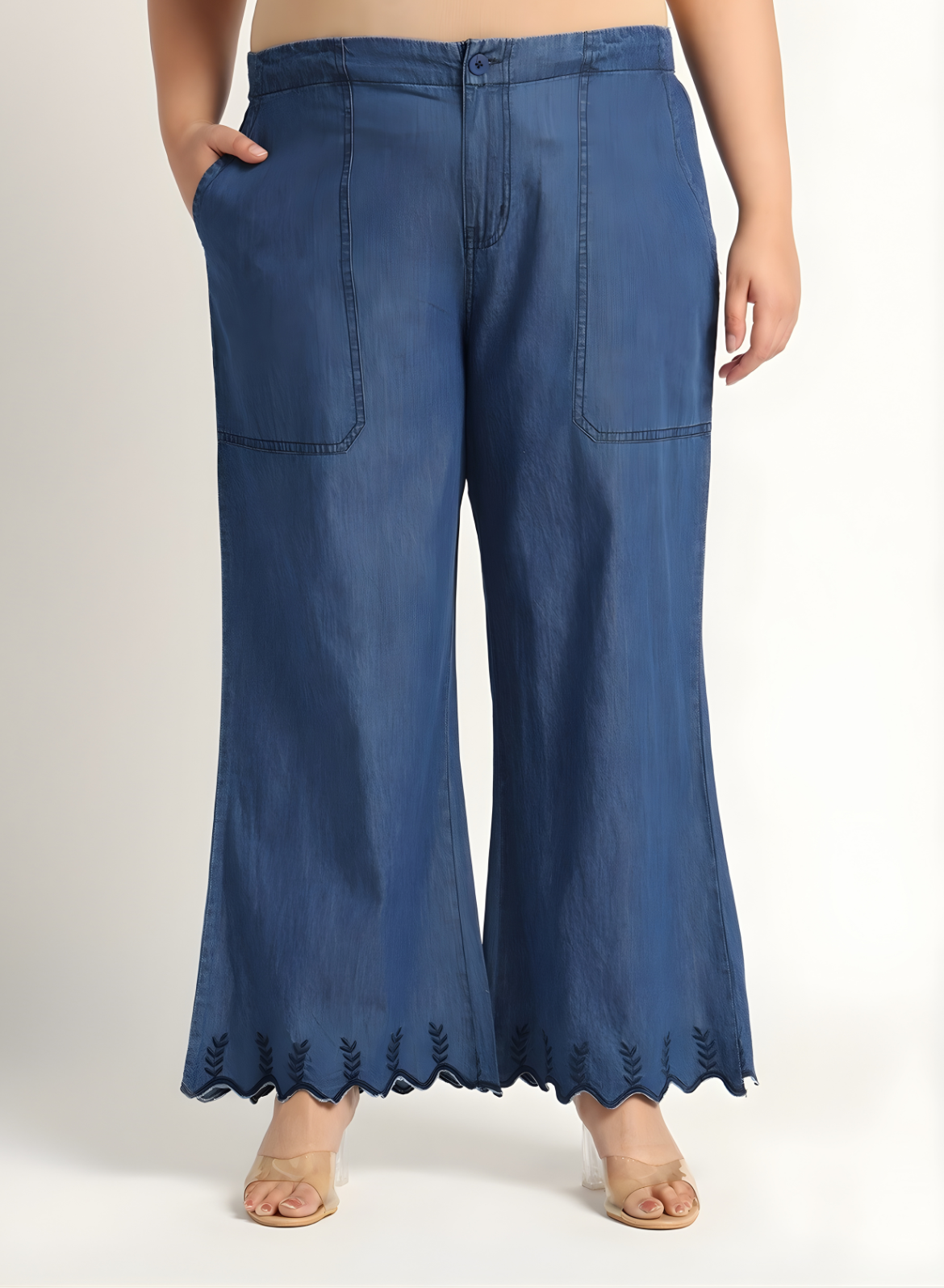 Navy Denim Mandarin-Collar Tunic & Wide-Leg Pant Set