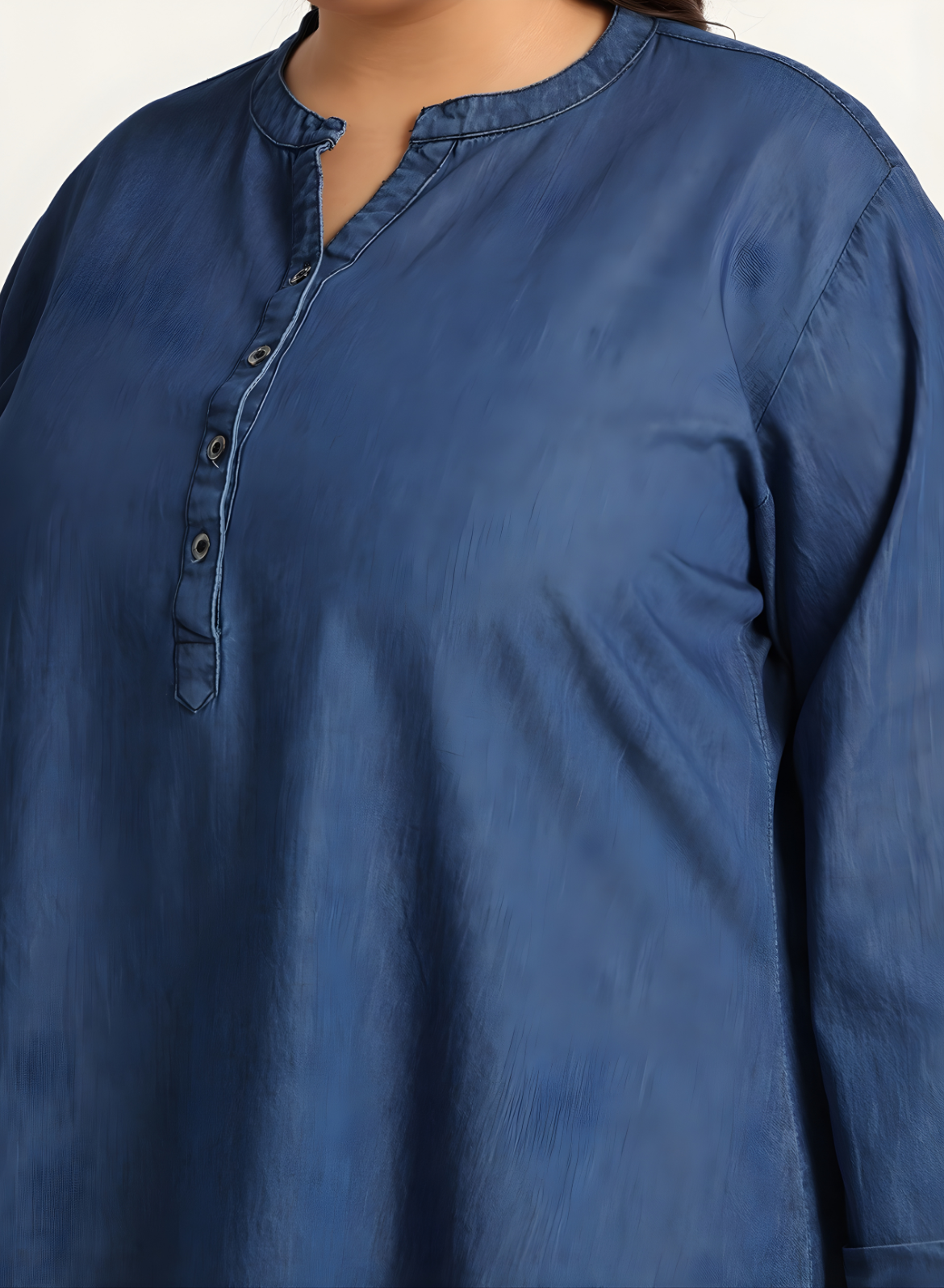 Navy Denim Mandarin-Collar Tunic & Wide-Leg Pant Set