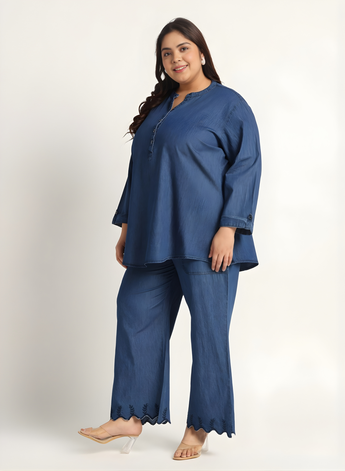 Navy Denim Mandarin-Collar Tunic & Wide-Leg Pant Set