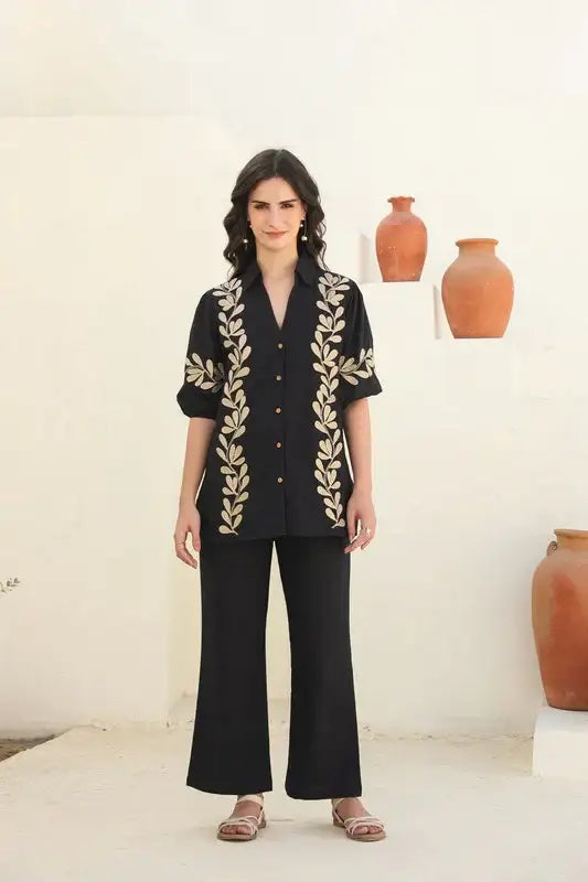Black Nature Embroidered Cotton Shirt & Trouser Co-ord Set
