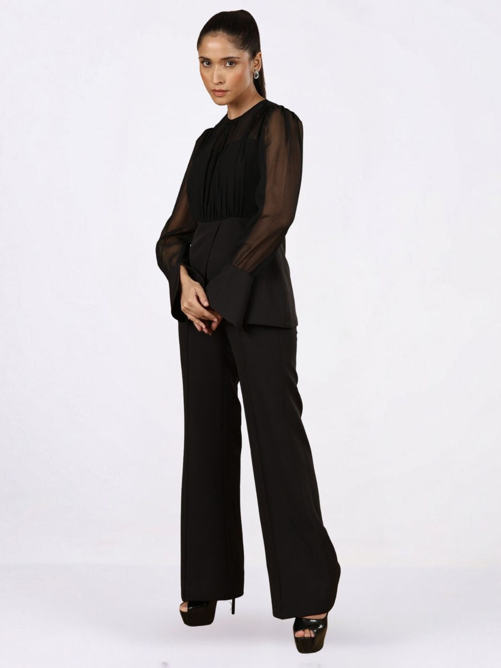 Black Sheer-Sleeve Top & Flared Trouser Co-ord Set