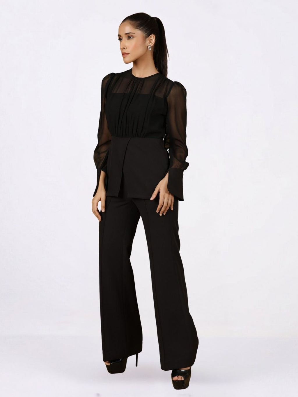 Black Sheer-Sleeve Top & Flared Trouser Co-ord Set