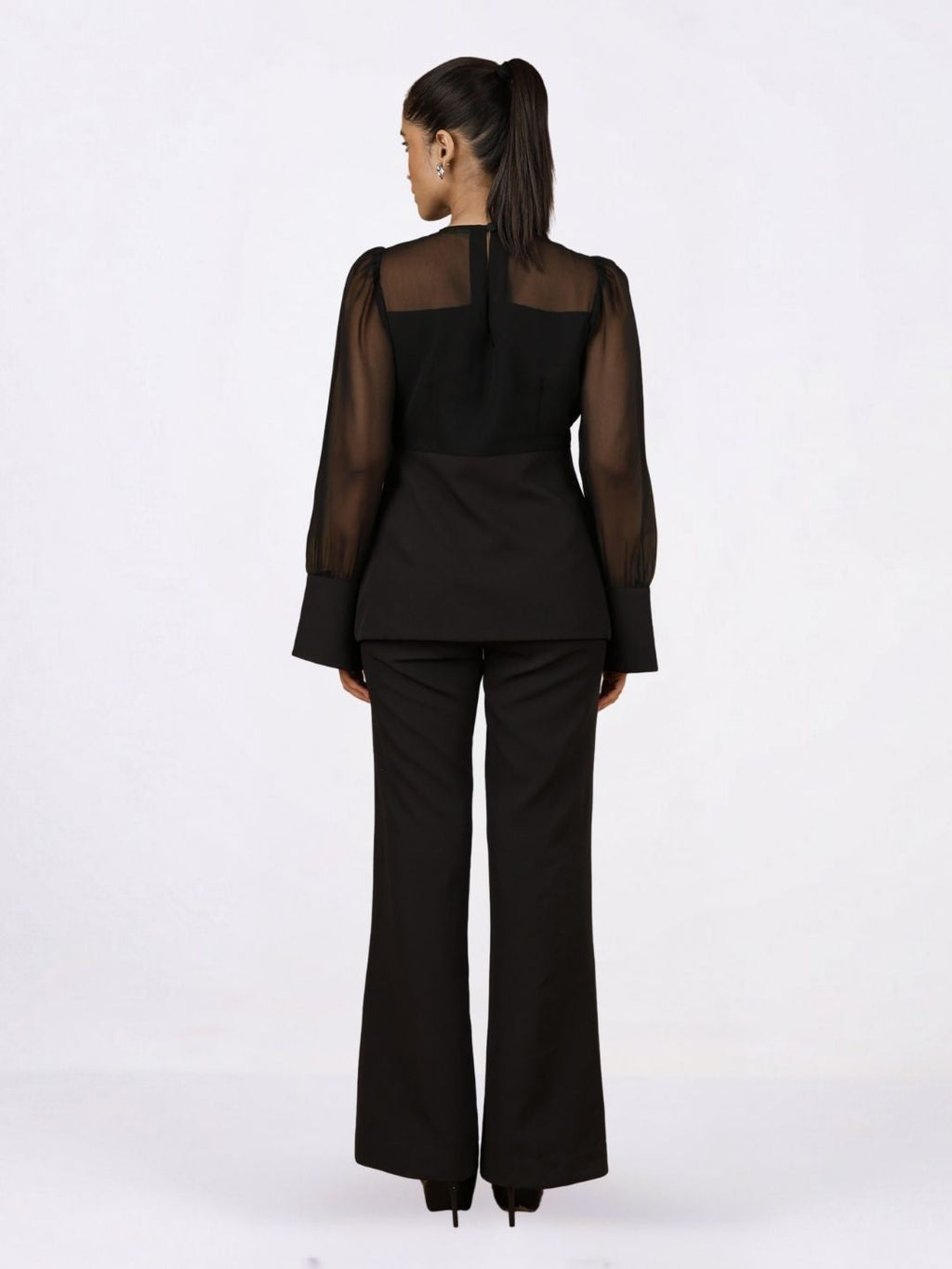 Black Sheer-Sleeve Top & Flared Trouser Co-ord Set
