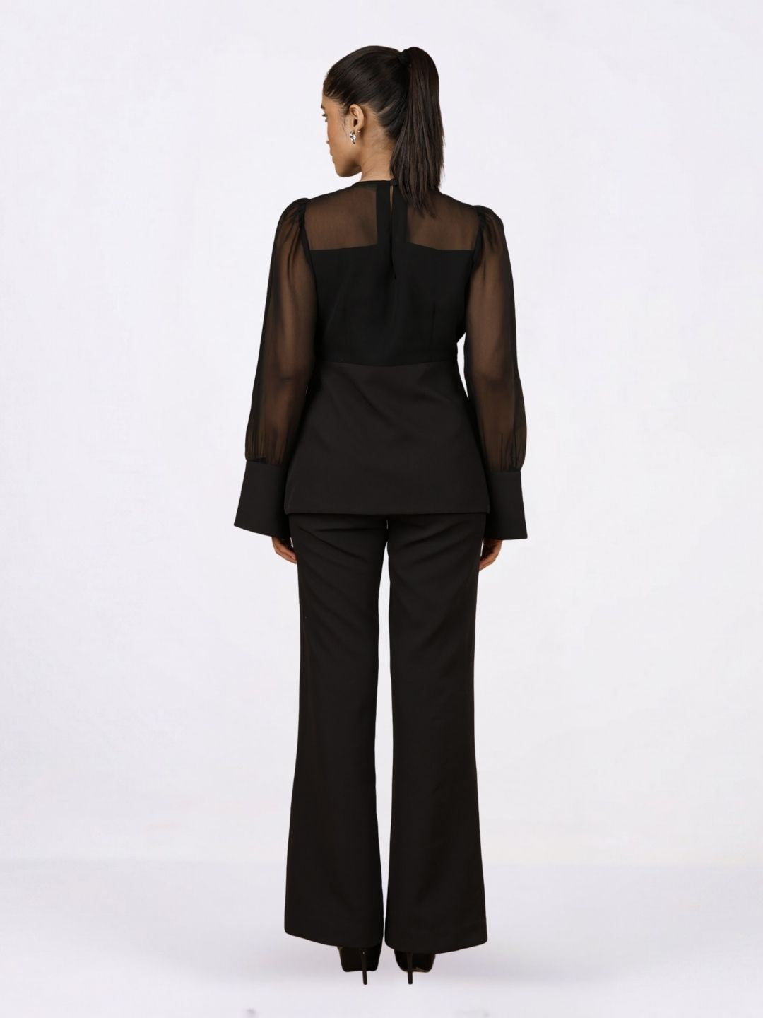 Black Sheer-Sleeve Top & Flared Trouser Co-ord Set