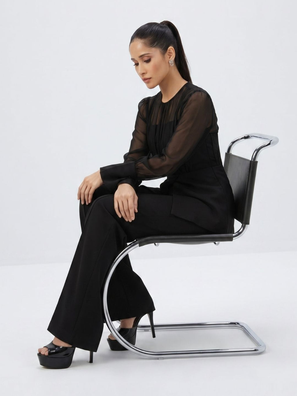 Black Sheer-Sleeve Top & Flared Trouser Co-ord Set