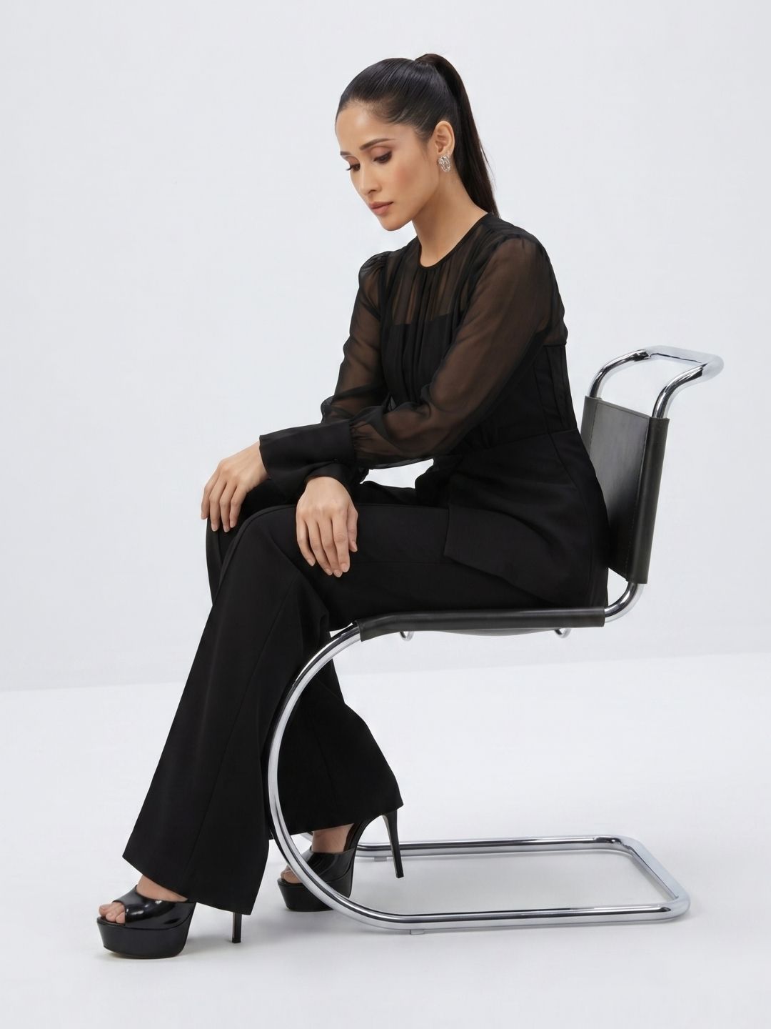 Black Sheer-Sleeve Top & Flared Trouser Co-ord Set