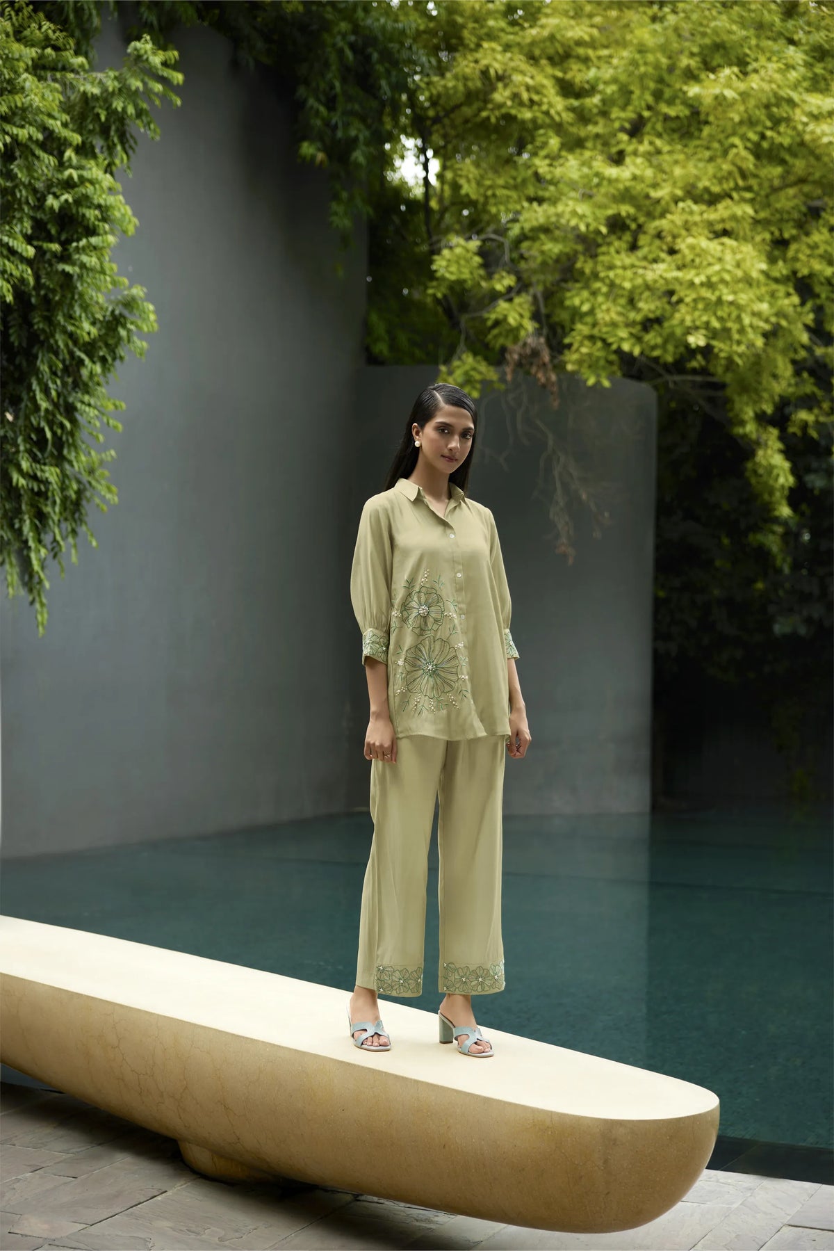 Pista Green Appliqué Puff-Sleeve Shirt & Pant Set