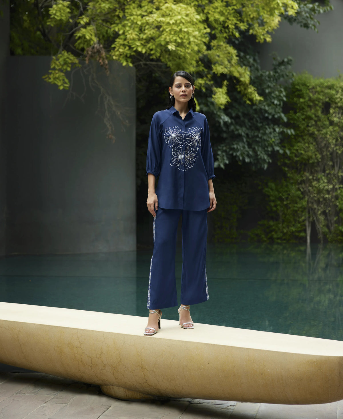 Navy Blue Embroidered Collared Shirt & Pant Set
