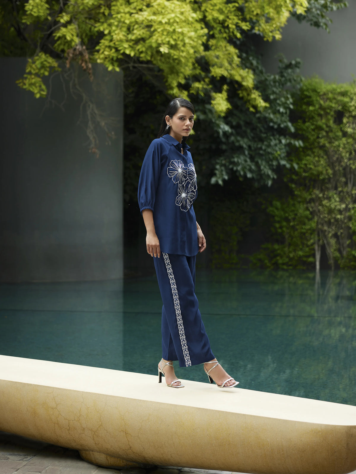 Navy Blue Embroidered Collared Shirt & Pant Set