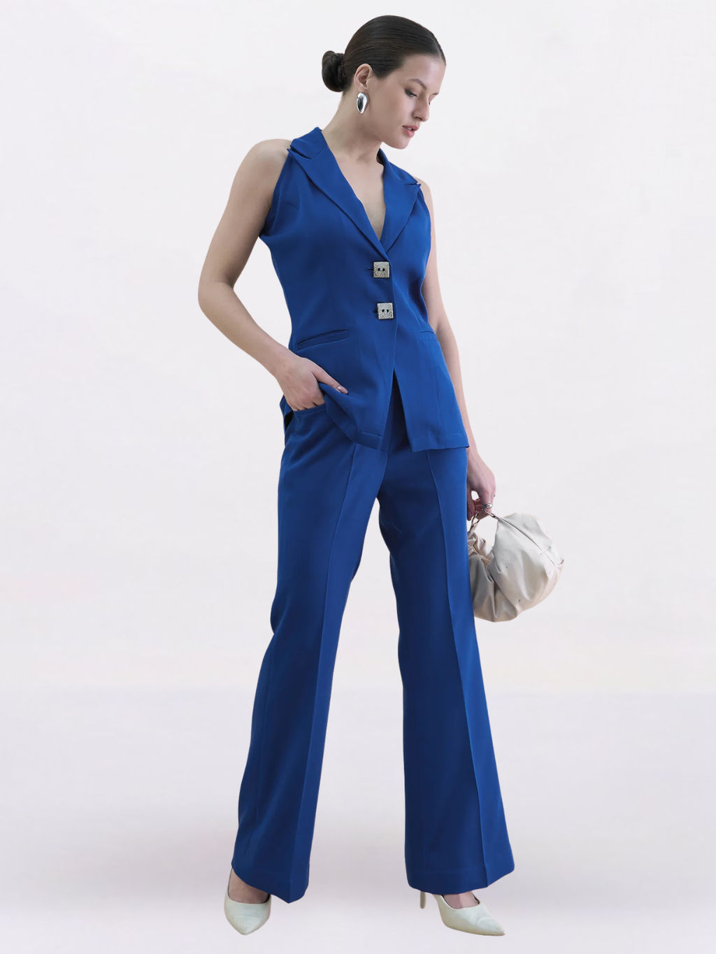 Ink Blue Halter Waistcoat & Bell-Bottom Trouser Set