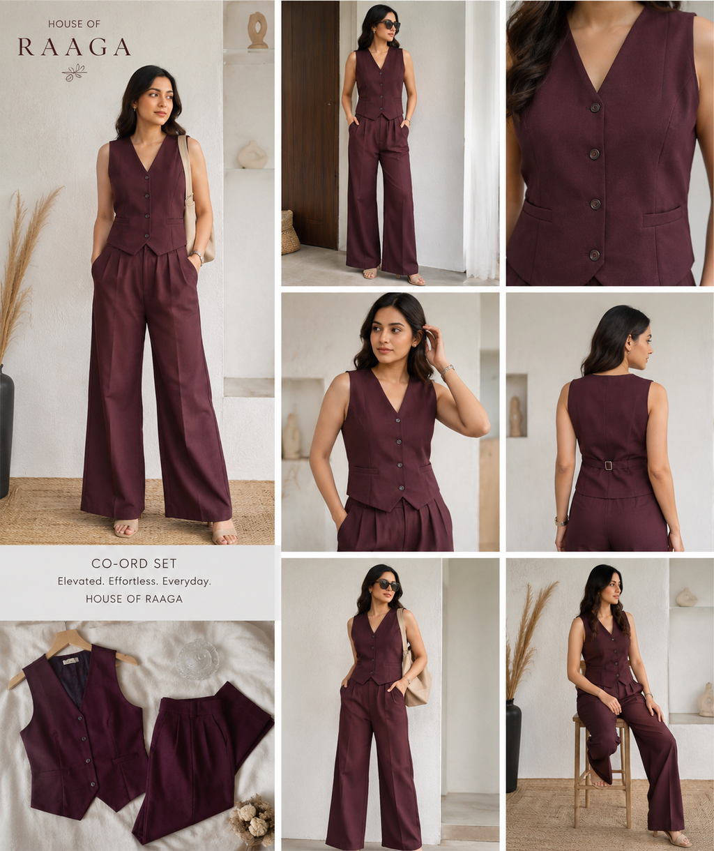Wine waistcoat and wide-leg trousers