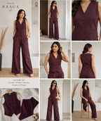 Wine waistcoat and wide-leg trousers
