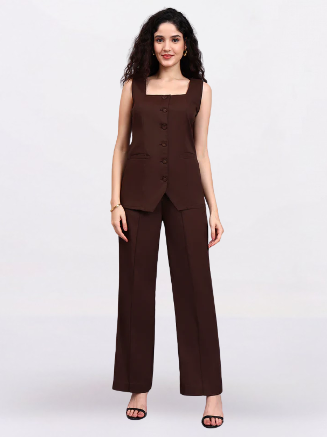 Brown Square-Neck Sleeveless Top & Semi-Flared Trouser Set
