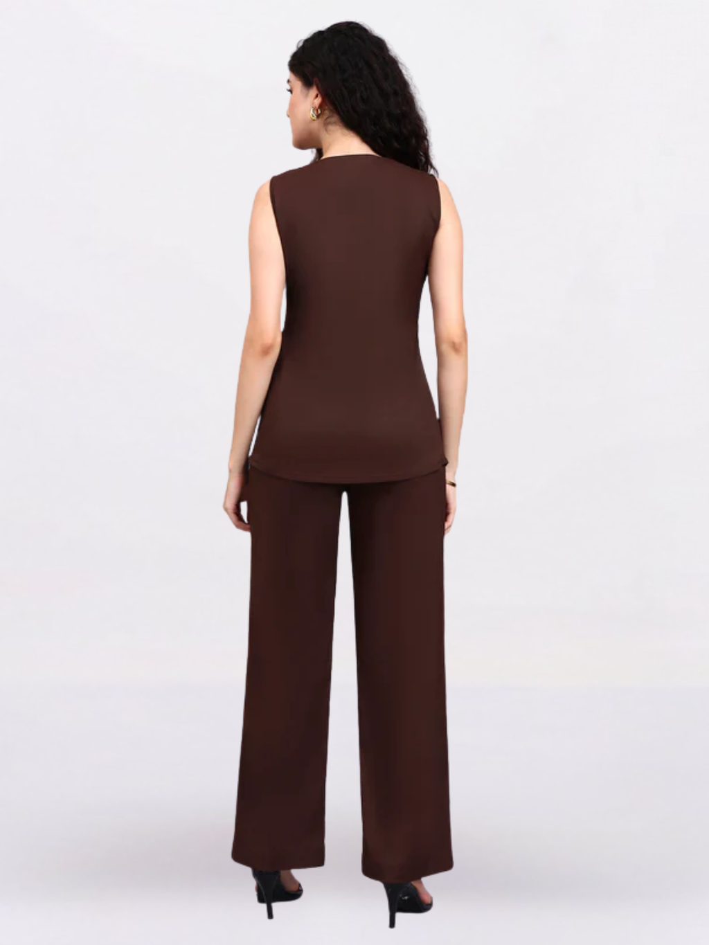 Brown Square-Neck Sleeveless Top & Semi-Flared Trouser Set
