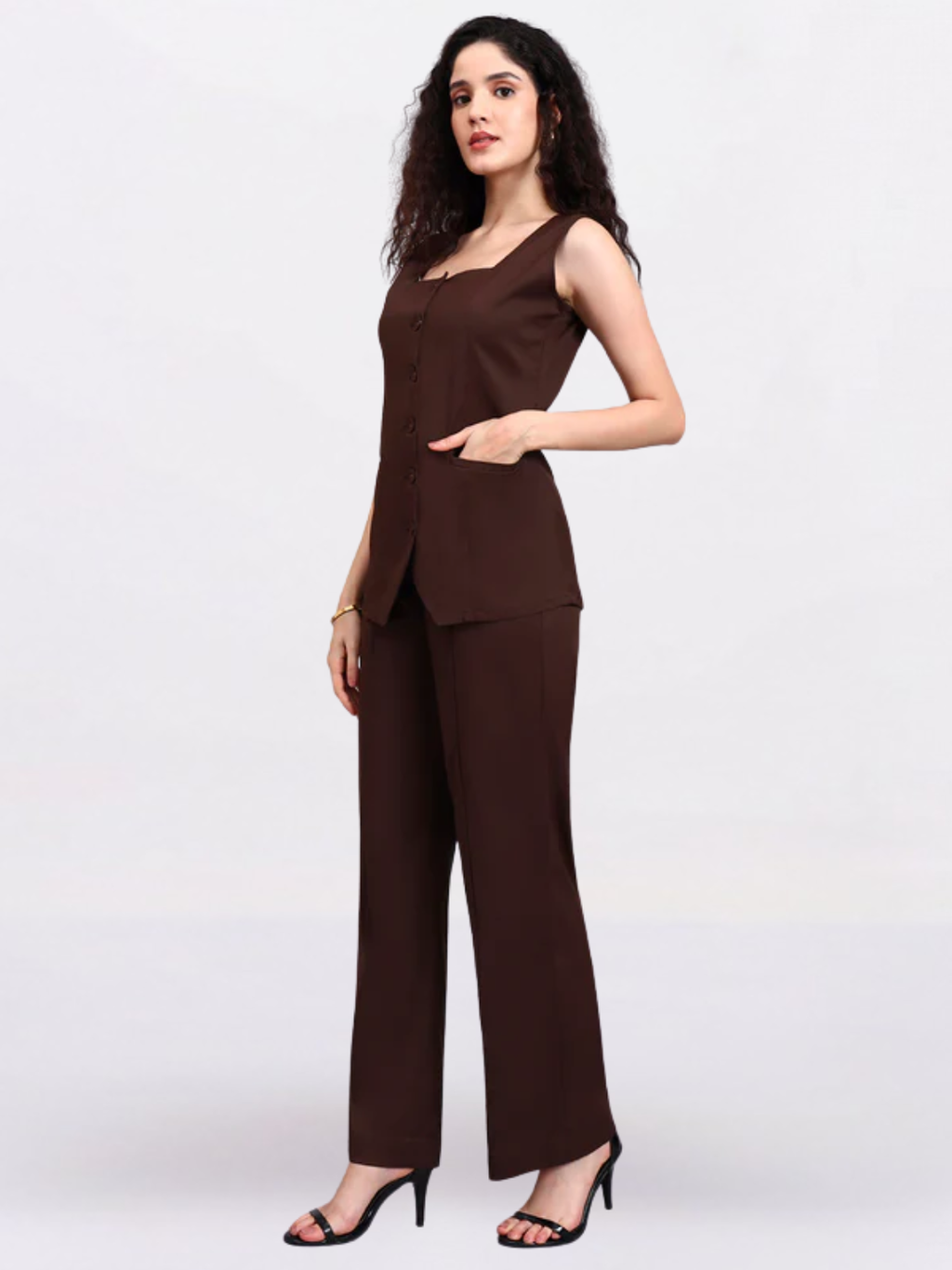 Brown Square-Neck Sleeveless Top & Semi-Flared Trouser Set