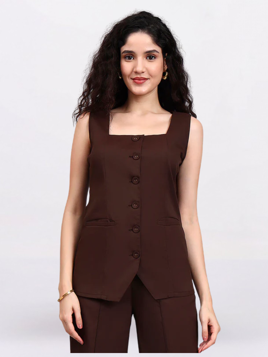 Brown Square-Neck Sleeveless Top & Semi-Flared Trouser Set