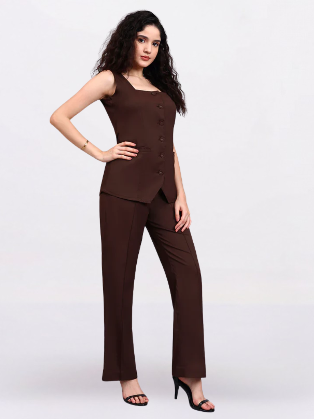 Brown Square-Neck Sleeveless Top & Semi-Flared Trouser Set
