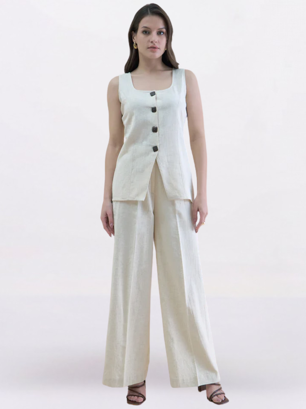 Light Beige Linen-Blend U-Neck Waistcoat & Trouser Set
