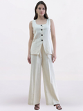 Light Beige Linen-Blend U-Neck Waistcoat & Trouser Set
