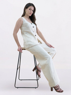 Light Beige Linen-Blend U-Neck Waistcoat & Trouser Set