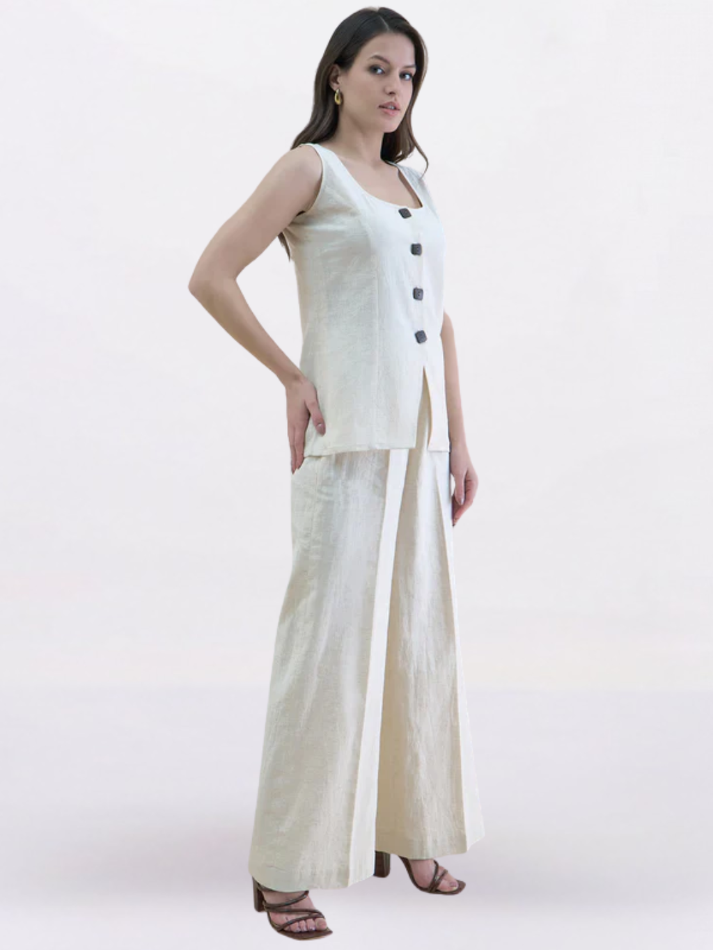 Light Beige Linen-Blend U-Neck Waistcoat & Trouser Set