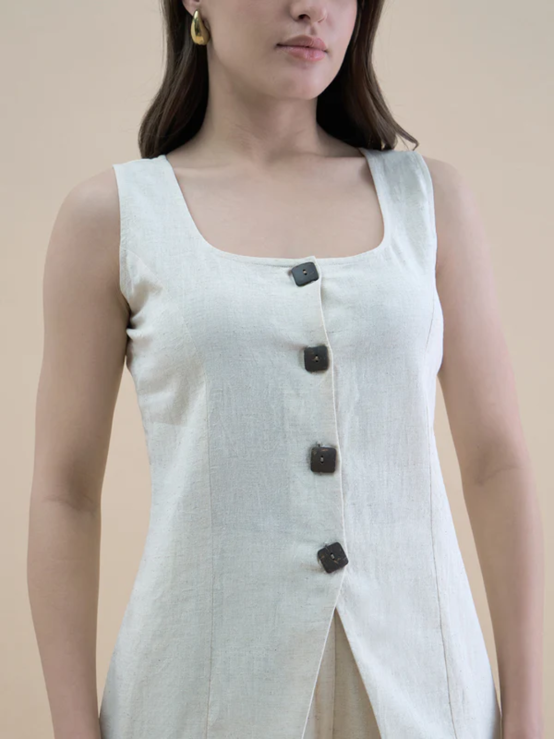 Light Beige Linen-Blend U-Neck Waistcoat & Trouser Set