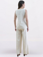 Light Beige Linen-Blend U-Neck Waistcoat & Trouser Set