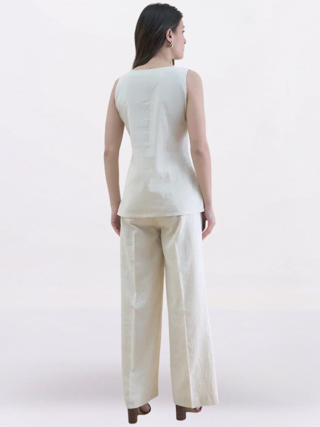 Light Beige Linen-Blend U-Neck Waistcoat & Trouser Set