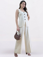 Light Beige Linen-Blend U-Neck Waistcoat & Trouser Set