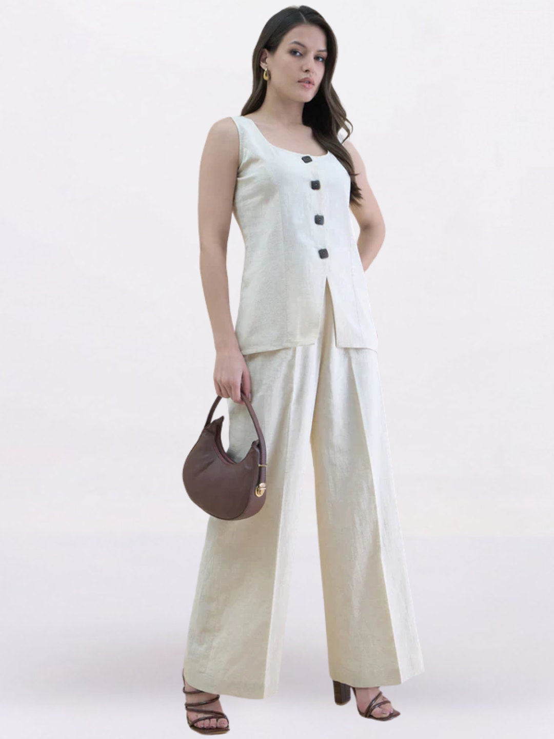 Light Beige Linen-Blend U-Neck Waistcoat & Trouser Set