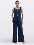Navy Blue U-Neck Waistcoat & Straight Trouser Set