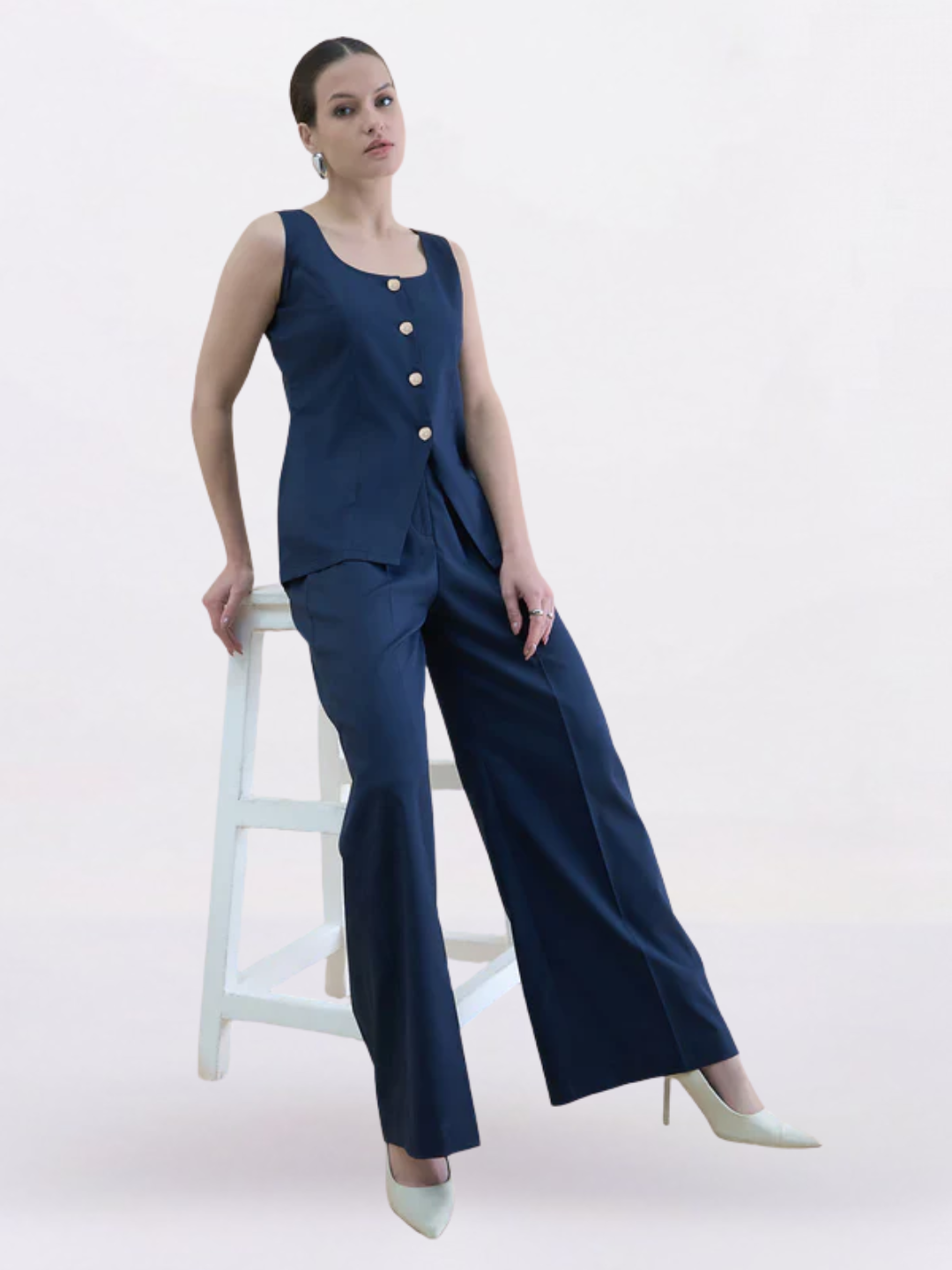 Navy Blue U-Neck Waistcoat & Straight Trouser Set