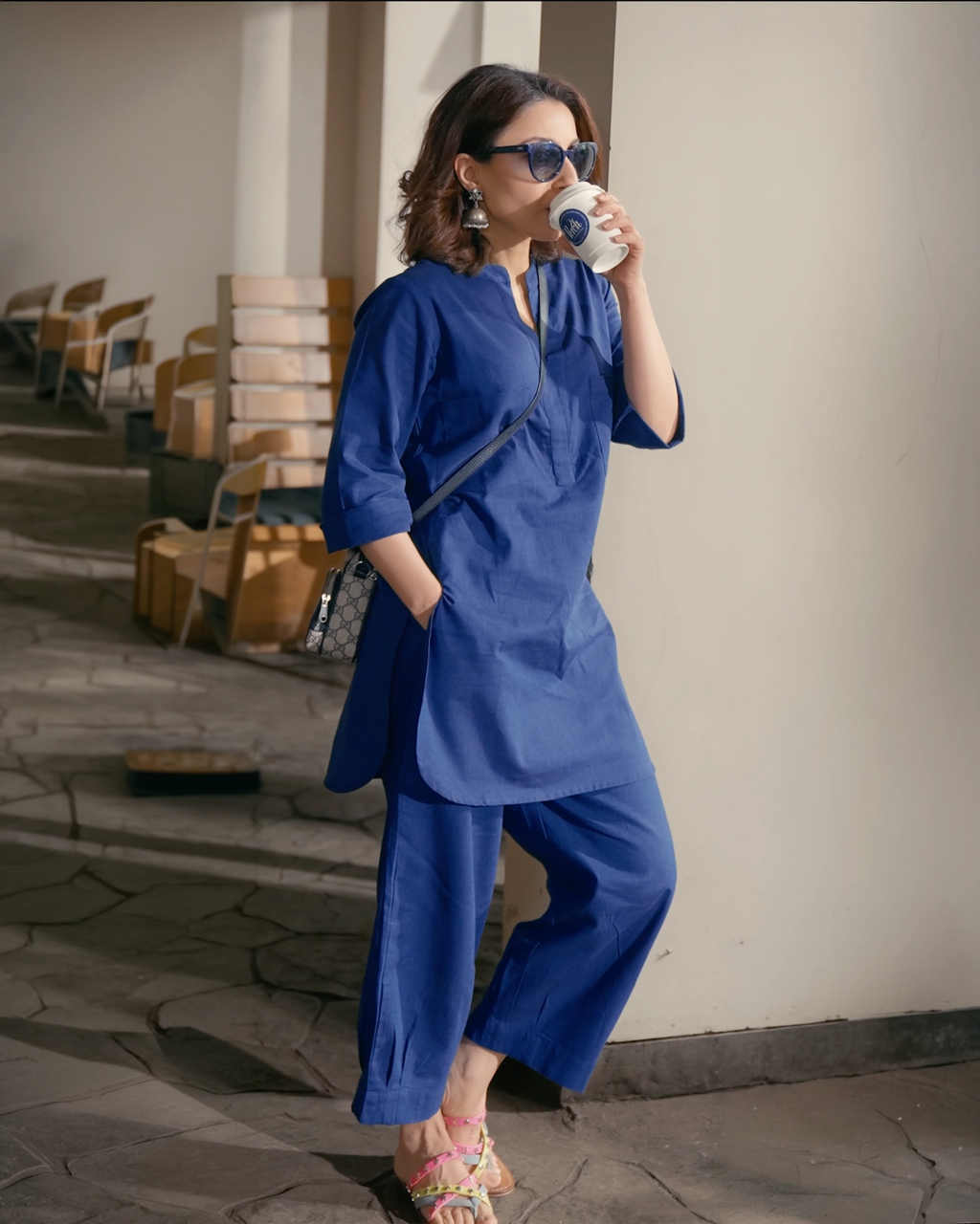 Navy blue chambray kurta set