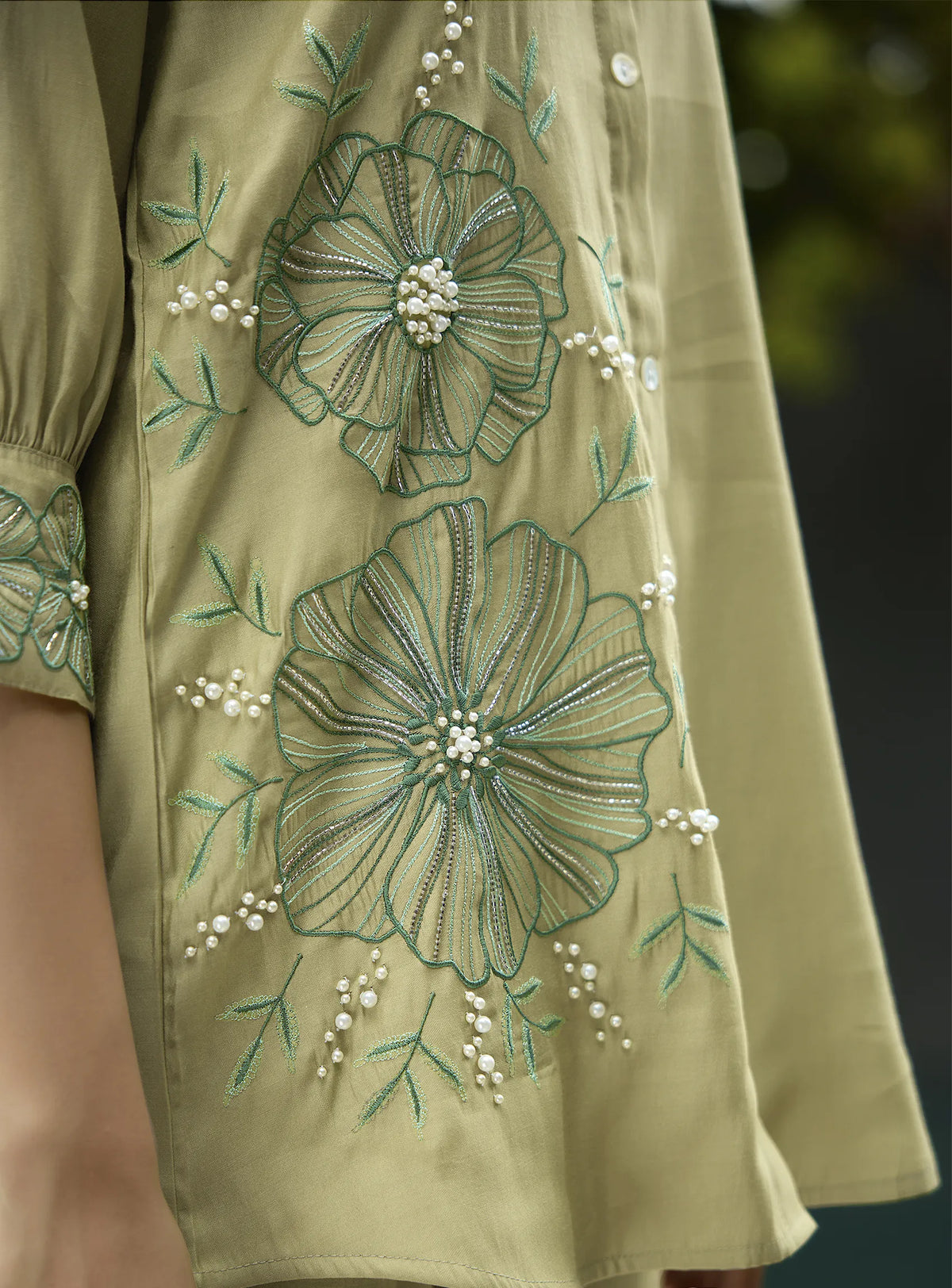Pista Green Appliqué Puff-Sleeve Shirt & Pant Set