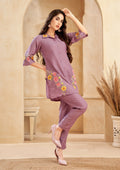 Purple Floral Embroidered Roman Silk Wide-Leg Set