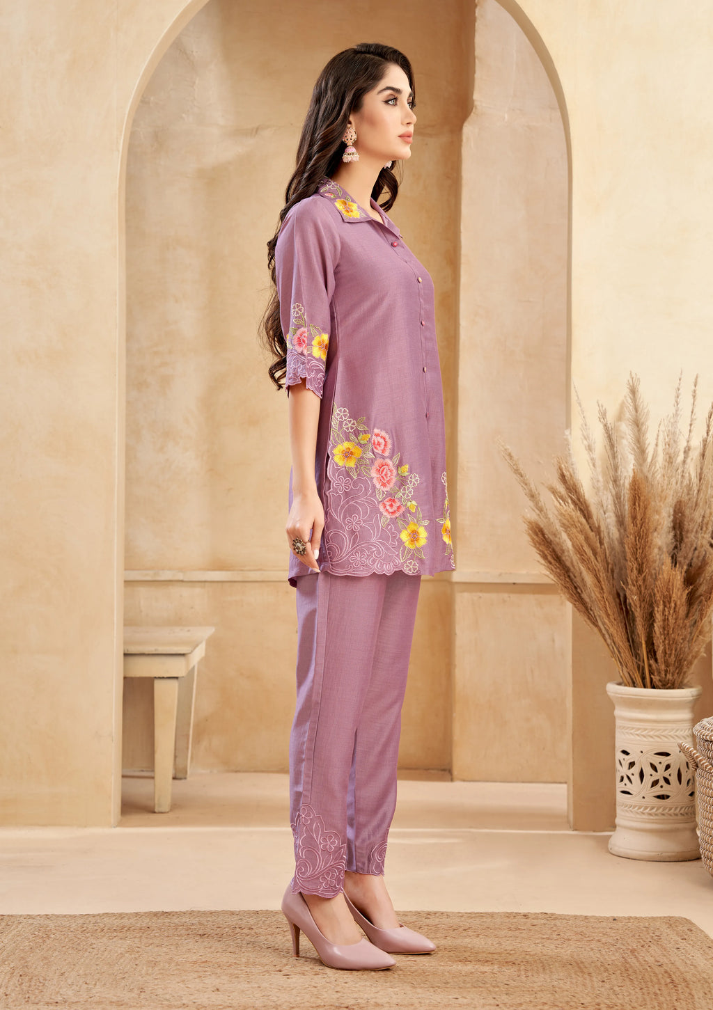 Purple Floral Embroidered Roman Silk Wide-Leg Set