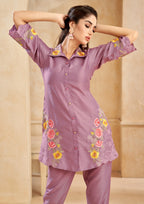Purple Floral Embroidered Roman Silk Wide-Leg Set
