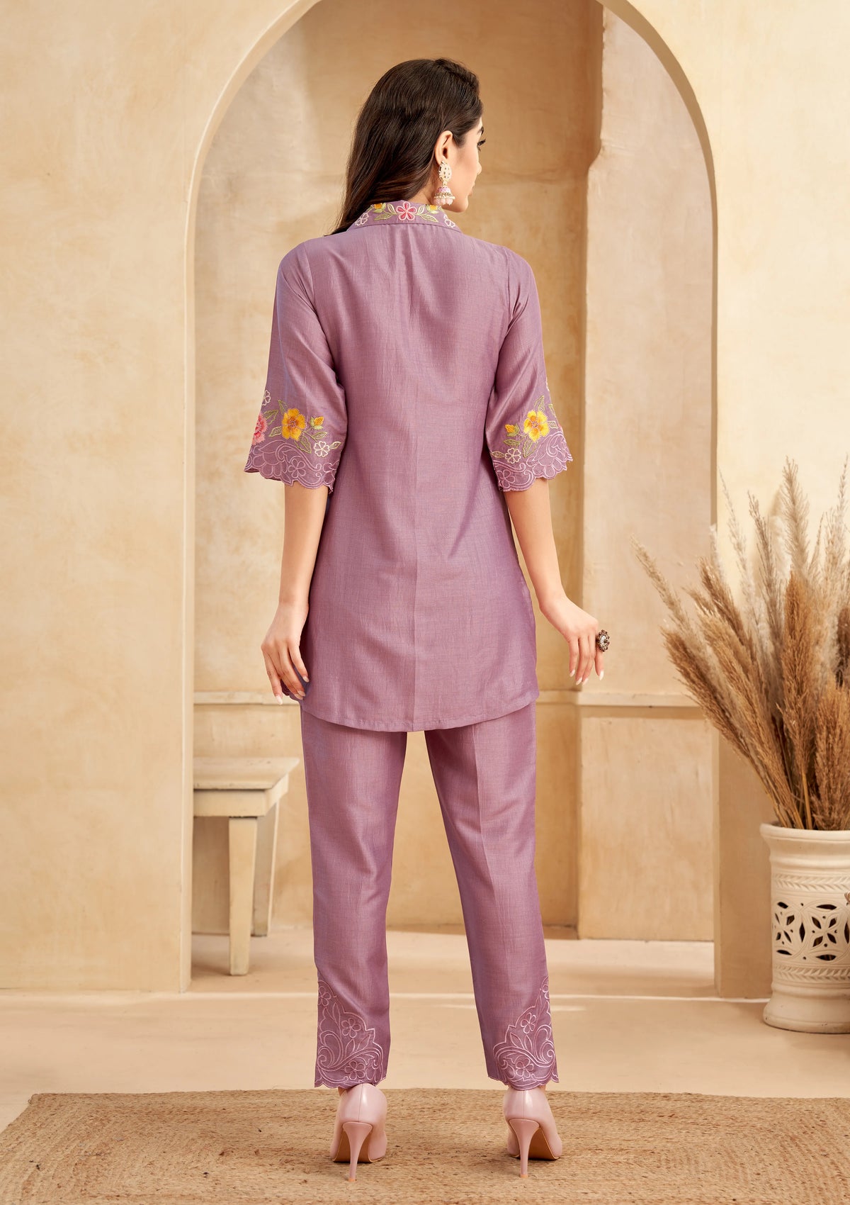Purple Floral Embroidered Roman Silk Wide-Leg Set