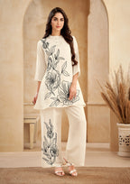 White Bold Floral Embroidered Chinon Wide-Leg Set