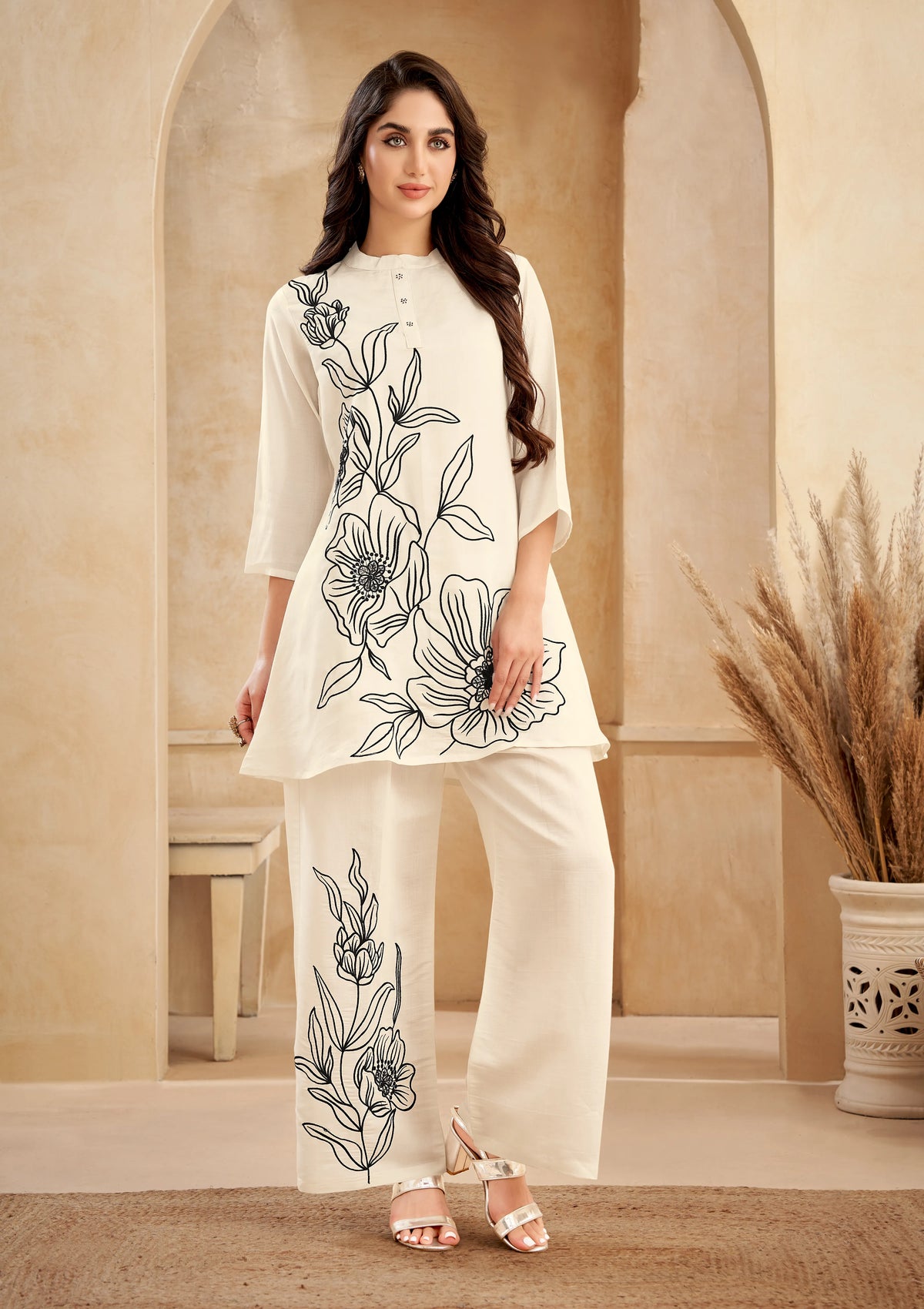 White Bold Floral Embroidered Chinon Wide-Leg Set