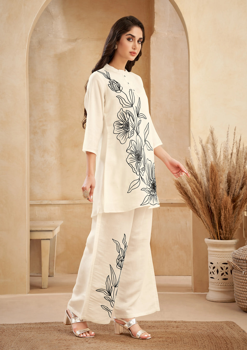 White Bold Floral Embroidered Chinon Wide-Leg Set