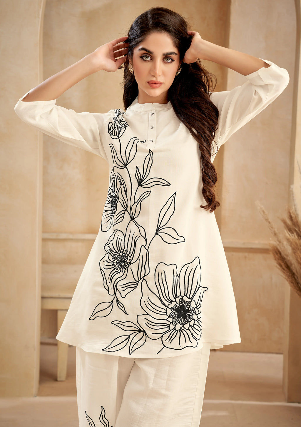 White Bold Floral Embroidered Chinon Wide-Leg Set